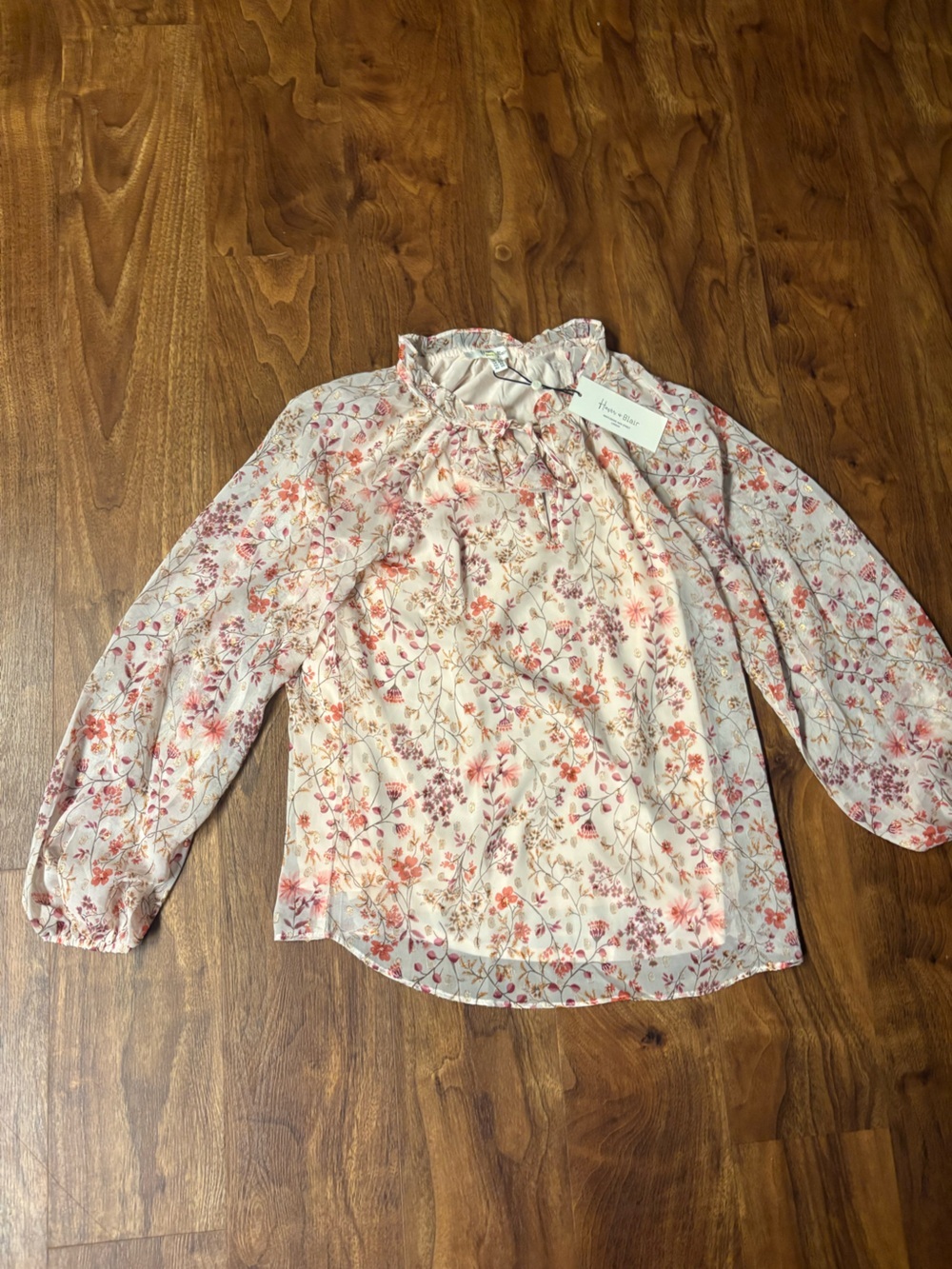Ruffled Neck Floral Blouse in Pink and Cream